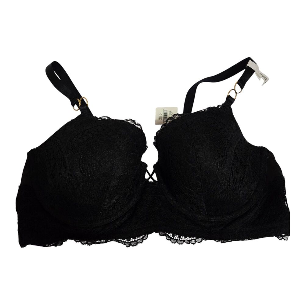 Aerie Bra Balconette Black Lace Underwire 36D Goldtone Metal Accents NEW